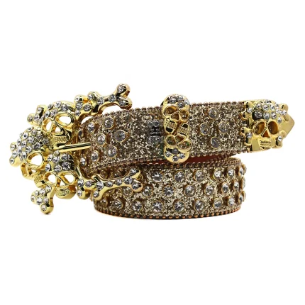 New Western Luxury Fashion Designer Men's Belt Gold Sparkling Crystal Rhinestone Belt Zinc Alloy Skull Button Custom Belt