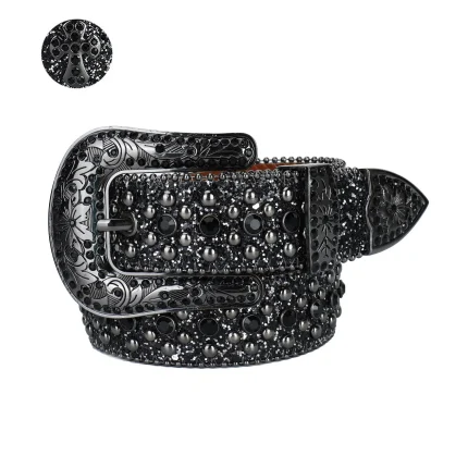 Western Luxury High Quality Black Flash Belt Crystal Rhinestone Belt Inlaid With Alloy Flower Buckle Punk Designer Belt Men