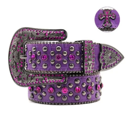 Western Luxury Purple Belt With Crystal Designer Belt Men Inlaid With Cross Accessories Zinc Alloy Flower Buckle Belt for Women