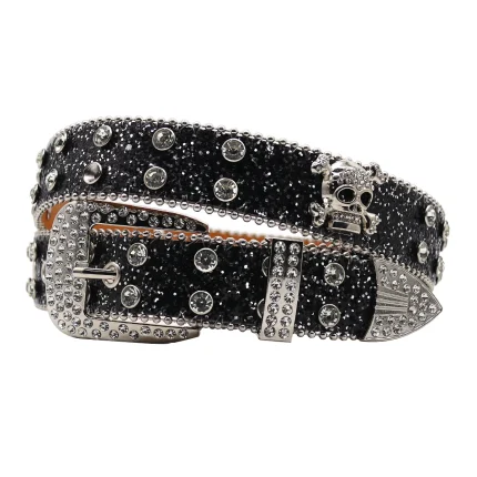 2023 Western Hot Fashion Women's Black Flash Custom Rhinestone Belt With Full Diamond Skull Accessories Punk Men's Jeans Belt
