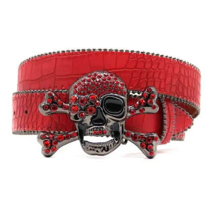 PU Waistband Western Red Rhinestone Waistband Skull Head Metal Buckle Fashionable Punk High-end Trend Men's Waistband