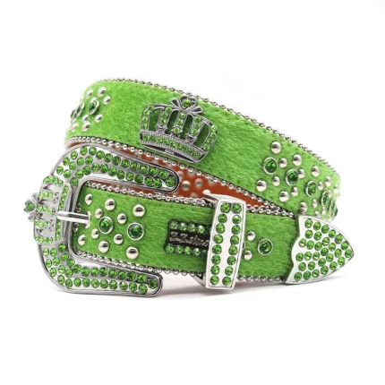 Green Plush Belt With High-quality Inlaid Crown Rhinestone Belt Designer Belt for Men's Fashionable and Personalized Accessories